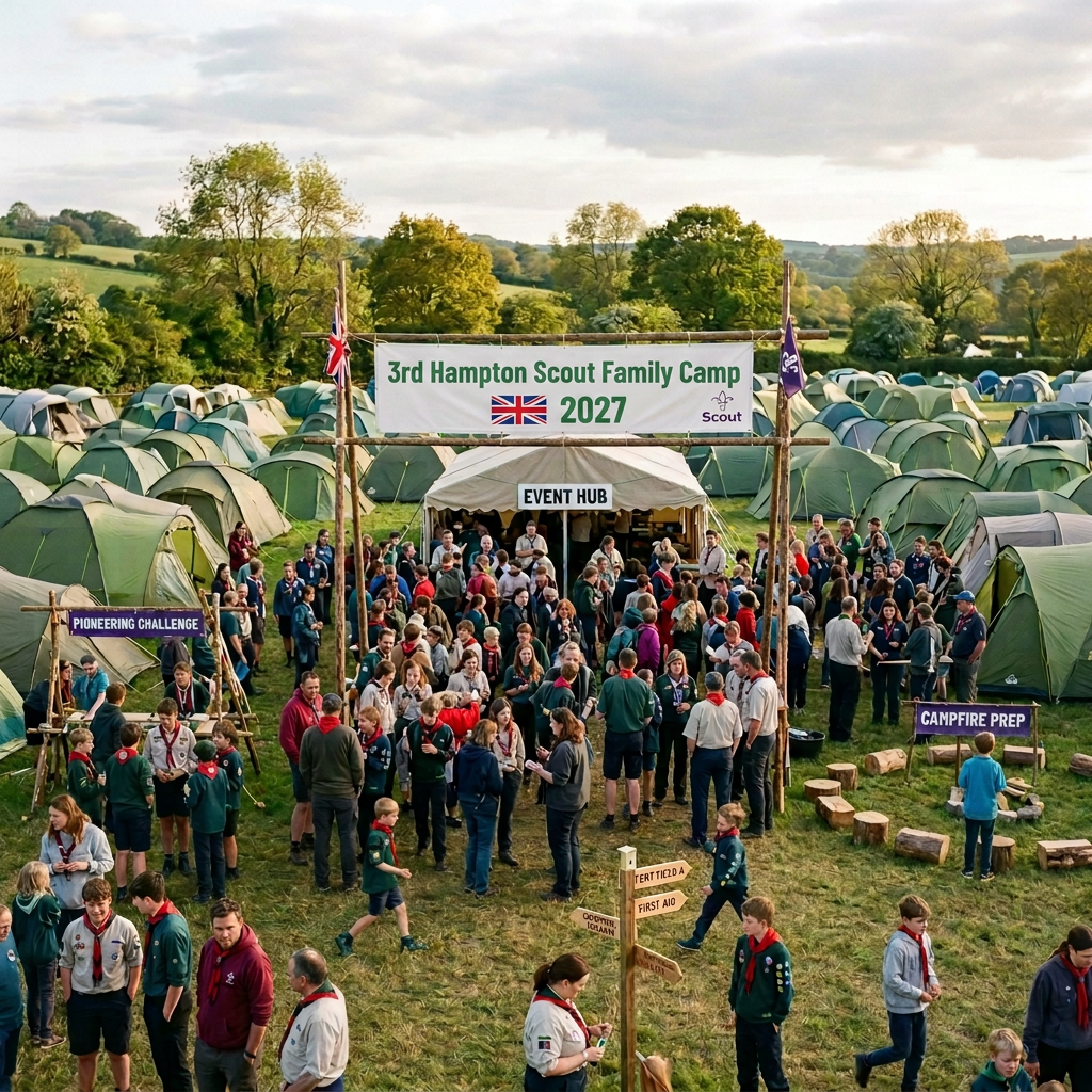 Scouts and families gather beneath a UK Scout Family Camp Gathering 2024 sign.